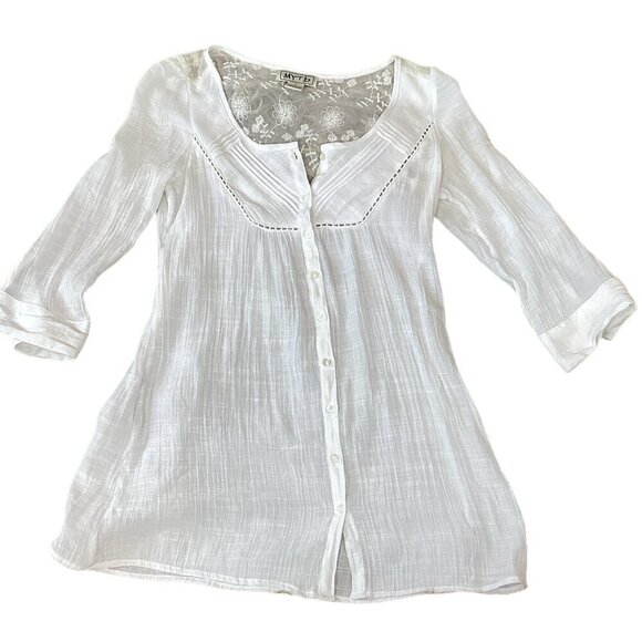 MYTH NYC BOHO 90s Y2K Button-Up Tunic Top Lace Accents S White Noise 283G - Picture 1 of 10